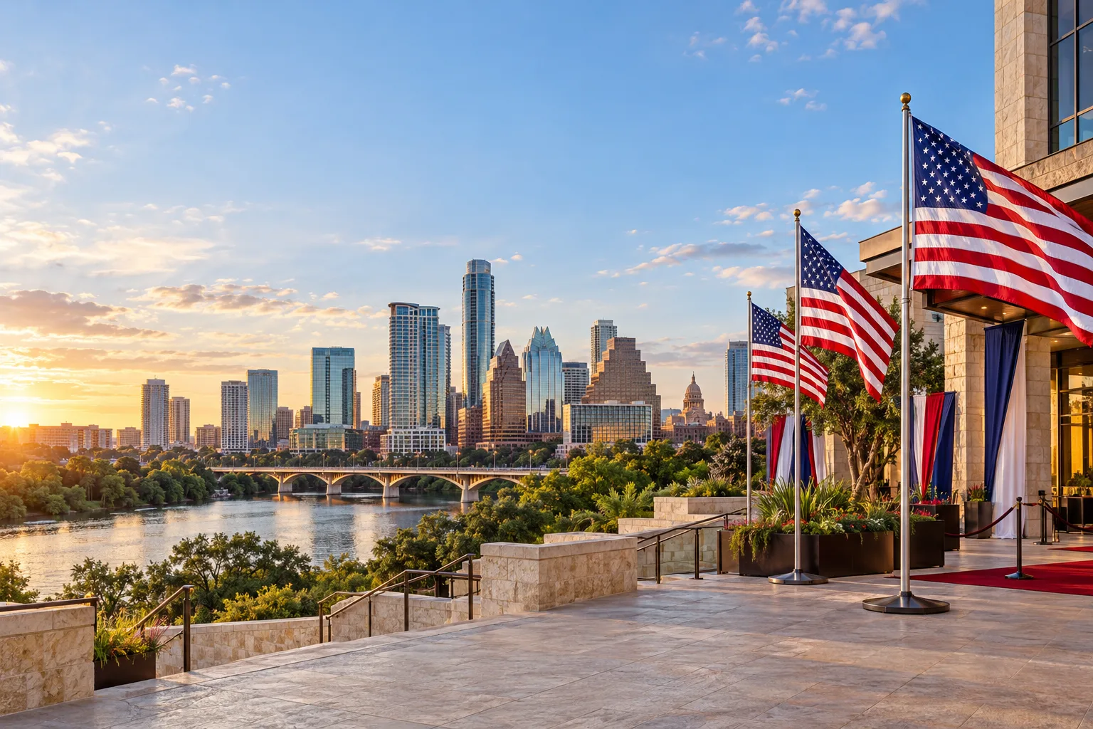 Concept visualization of a professional American flag rental display with the recognizable Austin, TX cityscape