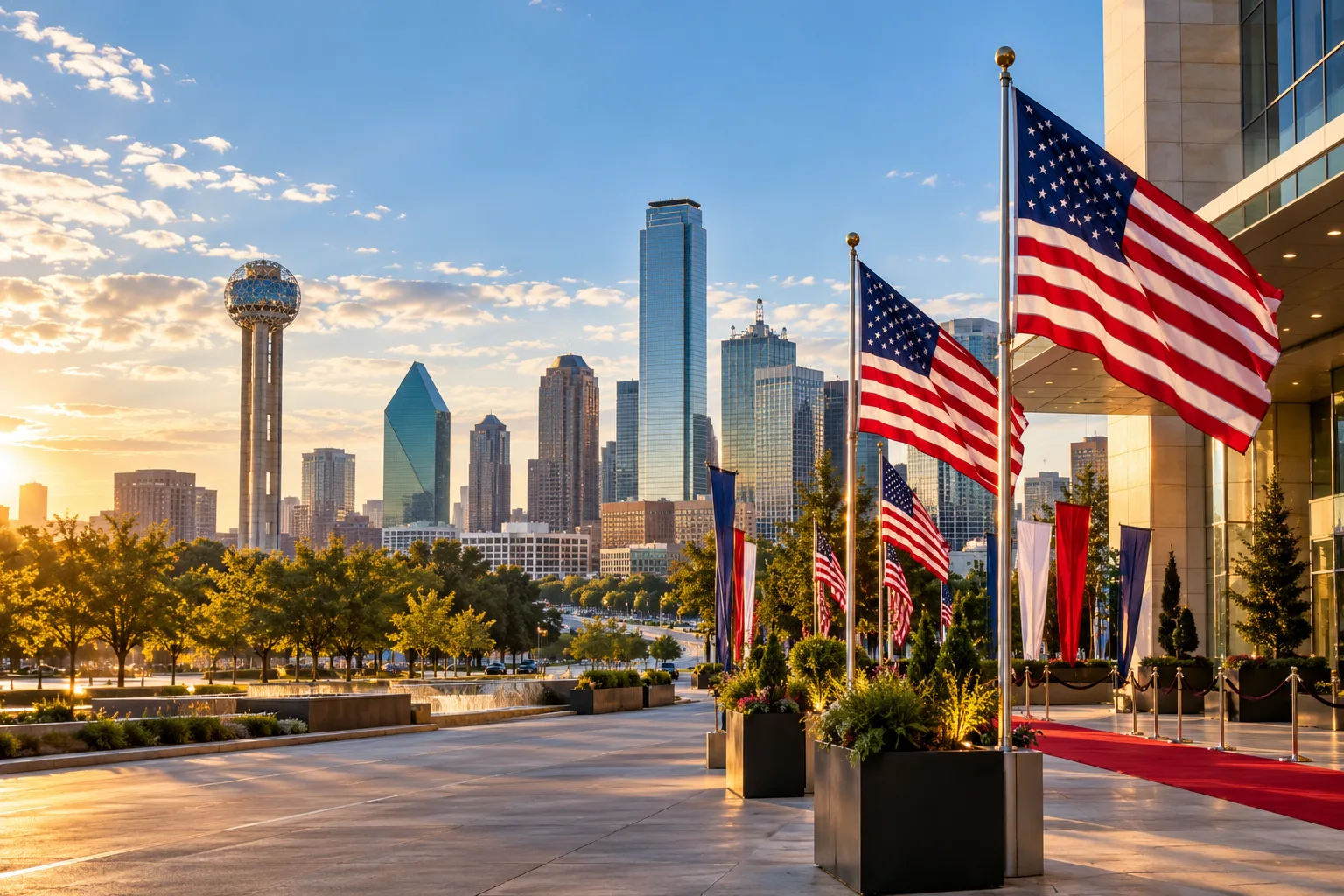 Concept visualization of a professional American flag rental display with the recognizable Dallas, TX cityscape