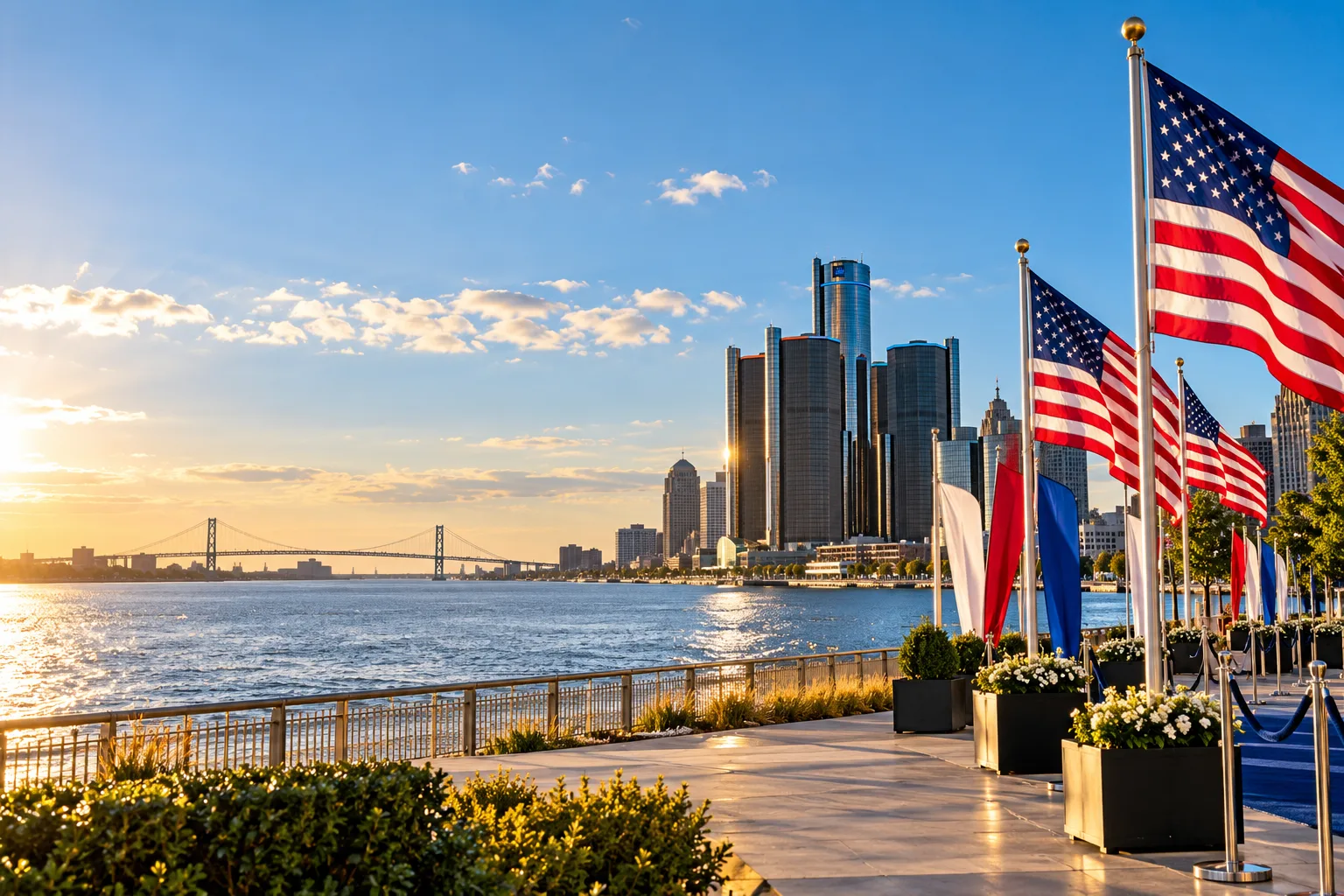 Concept visualization of a professional American flag rental display with the recognizable Detroit, MI cityscape