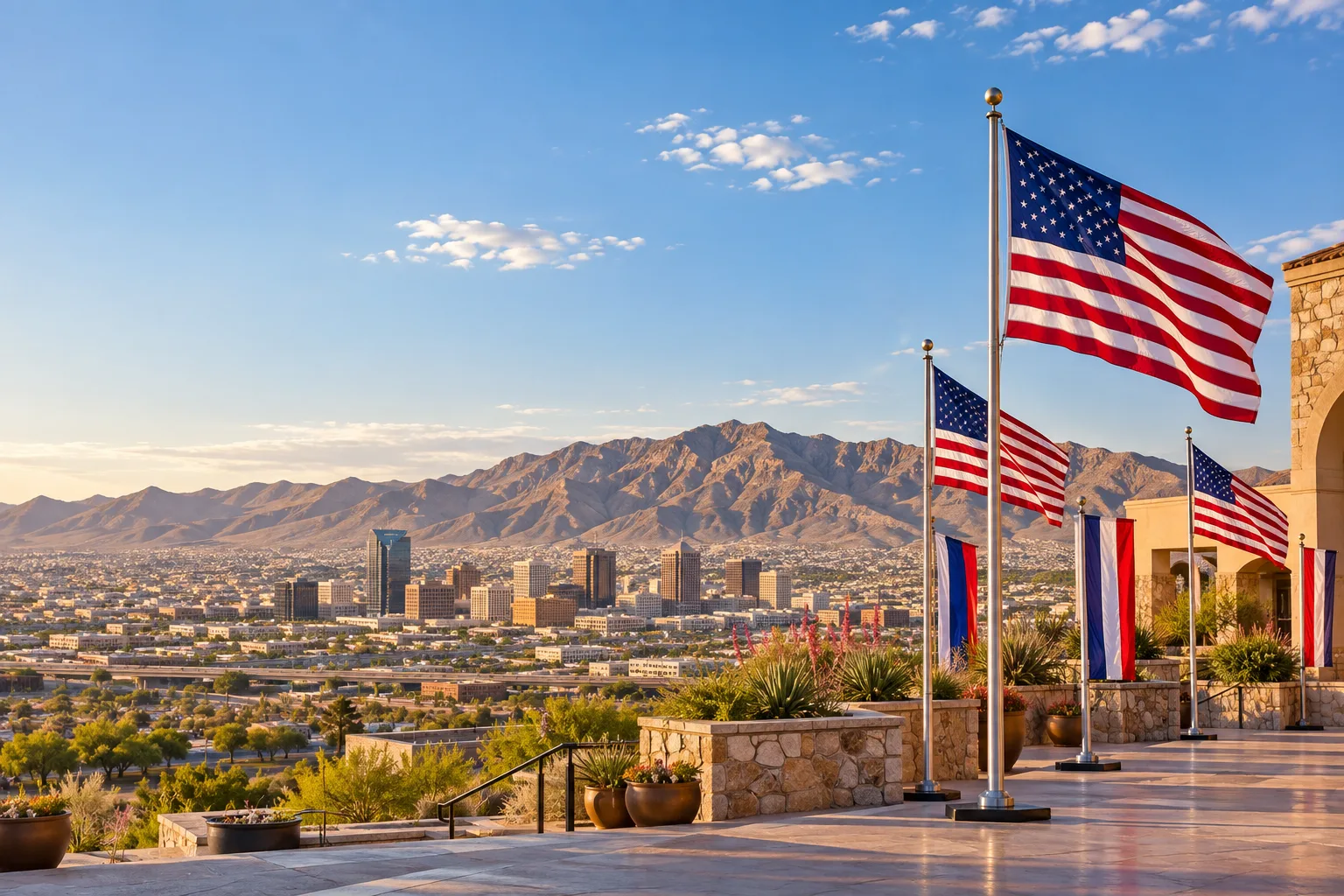 Concept visualization of a professional American flag rental display with the recognizable El Paso, TX cityscape