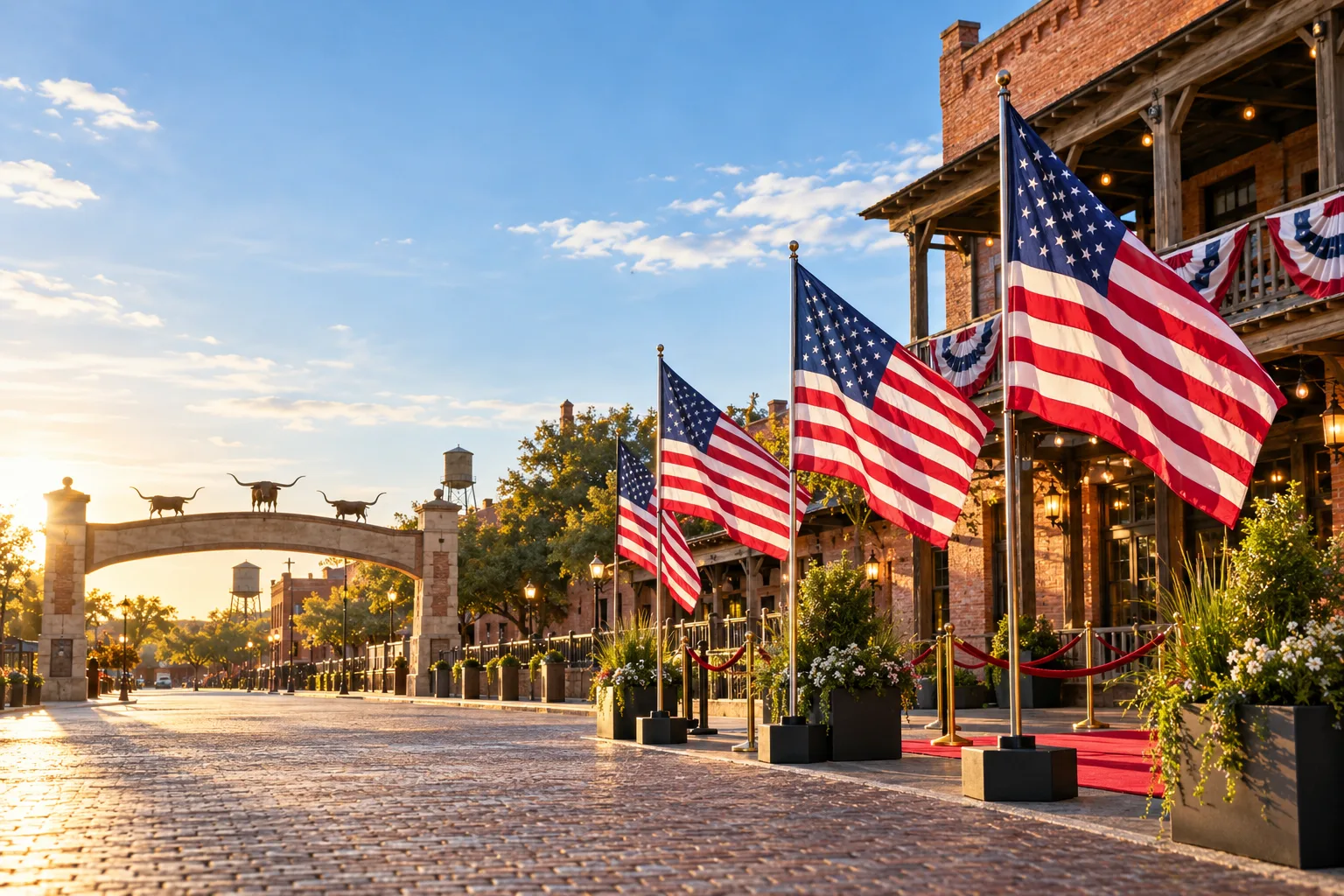 Concept visualization of a professional American flag rental display with the recognizable Fort Worth, TX cityscape