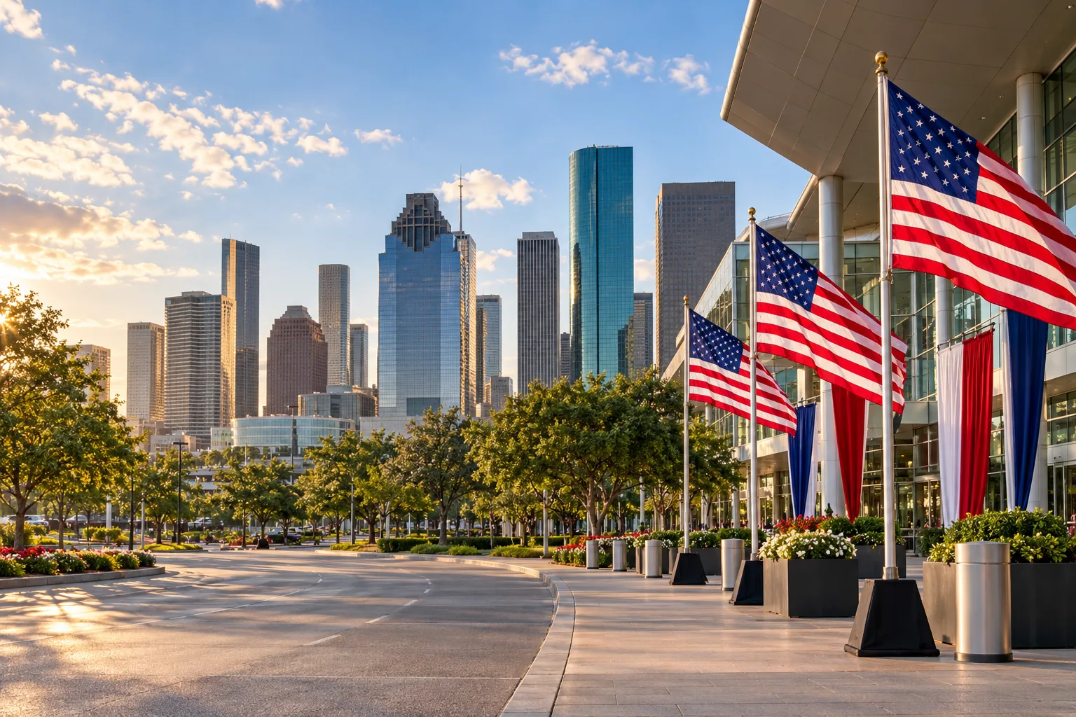 Concept visualization of a professional American flag rental display with the recognizable Houston, TX cityscape