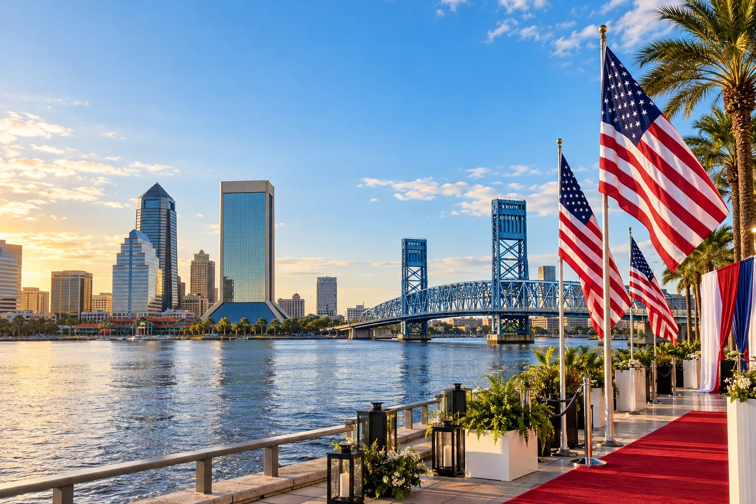 Concept visualization of a professional American flag rental display with the recognizable Jacksonville, FL cityscape