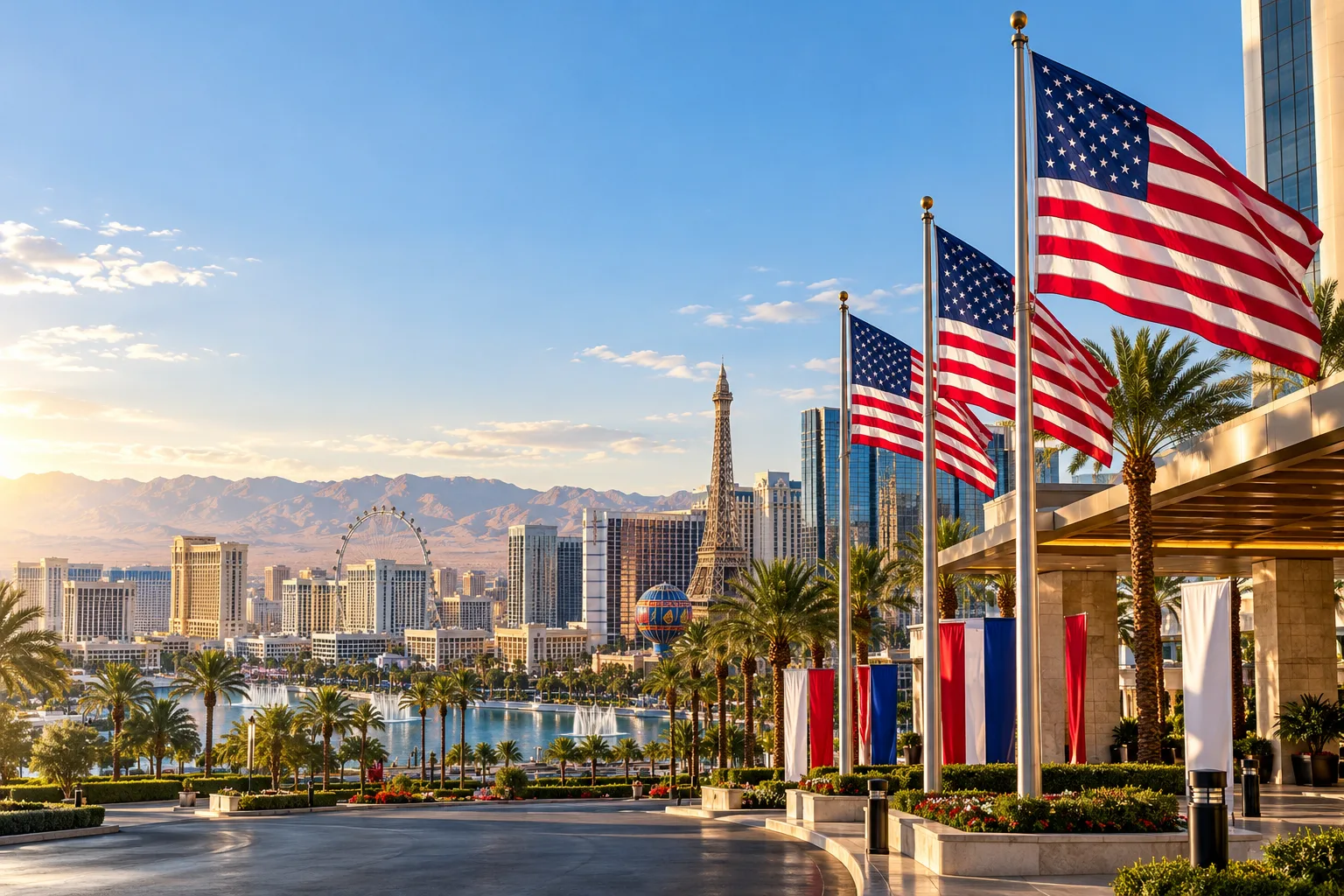 Concept visualization of a professional American flag rental display with the recognizable Las Vegas, NV cityscape