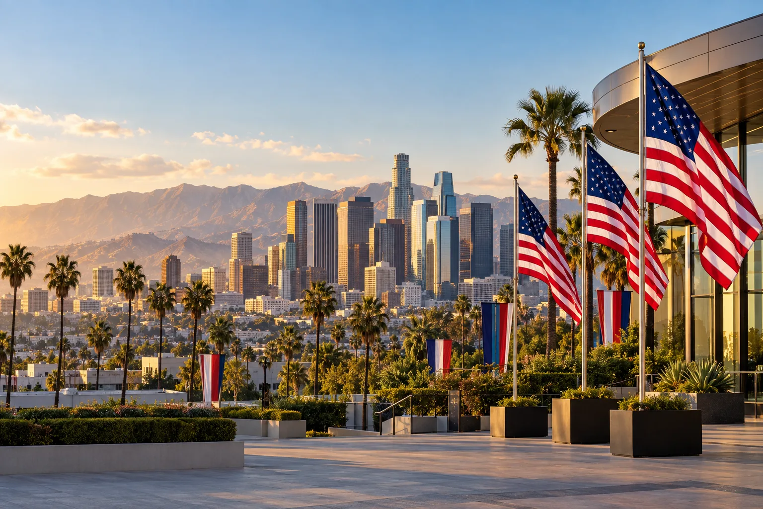 Concept visualization of a professional American flag rental display with the recognizable Los Angeles, CA cityscape
