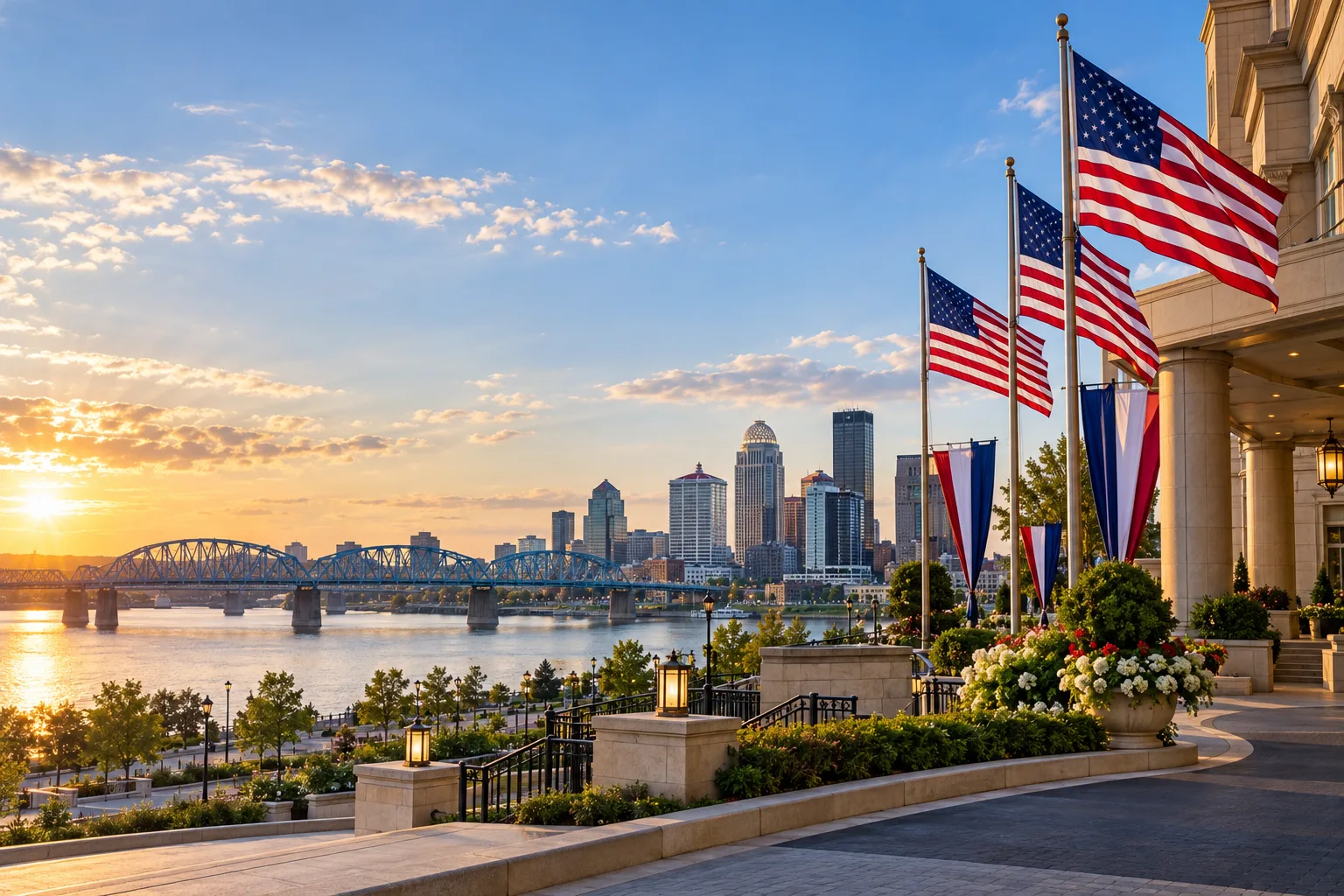 Concept visualization of a professional American flag rental display with the recognizable Louisville, KY cityscape