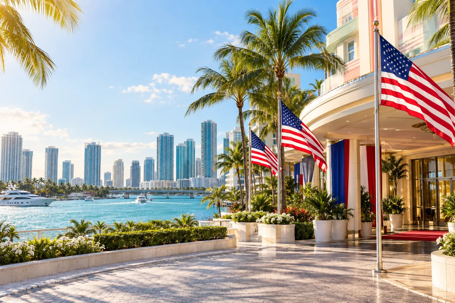 Concept visualization of a professional American flag rental display with the recognizable Miami, FL cityscape