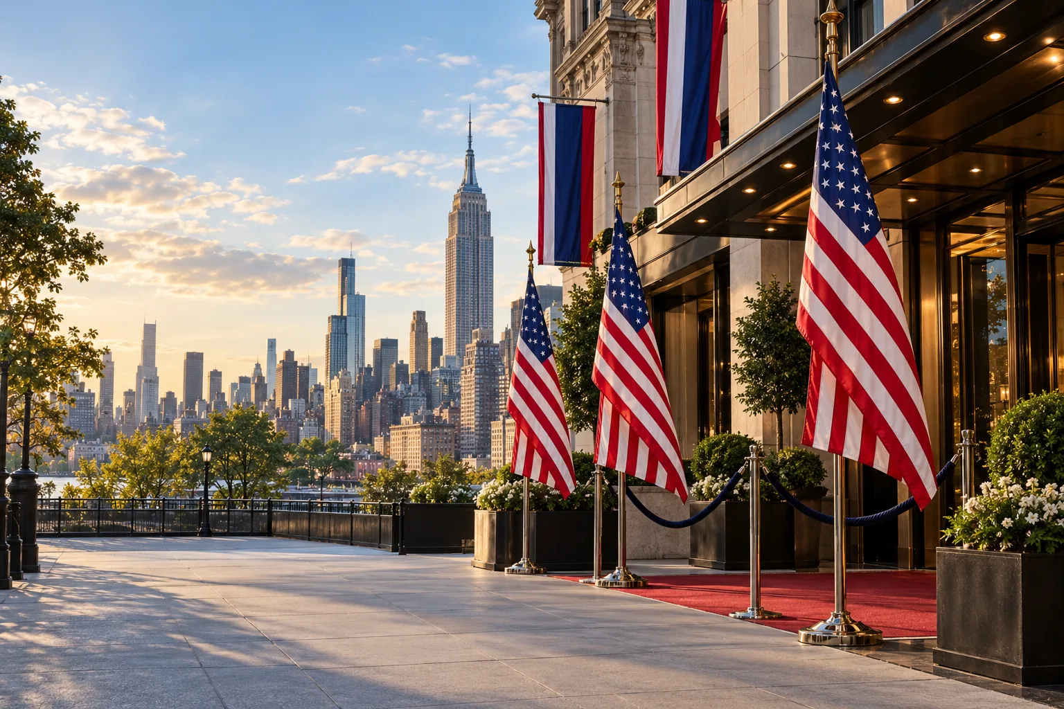 Concept visualization of a professional American flag rental display with the recognizable New York City, NY cityscape