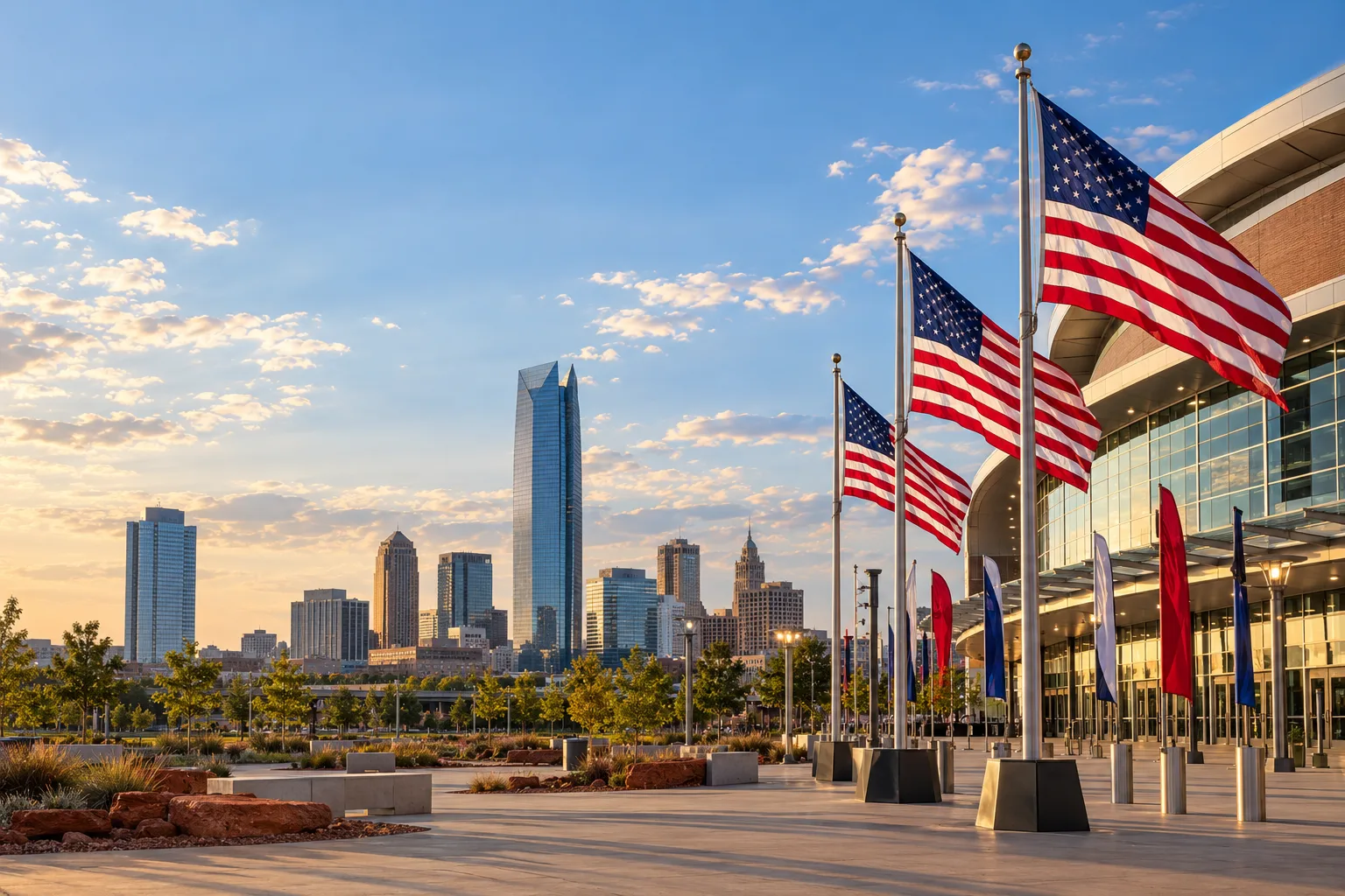 Concept visualization of a professional American flag rental display with the recognizable Oklahoma City, OK cityscape
