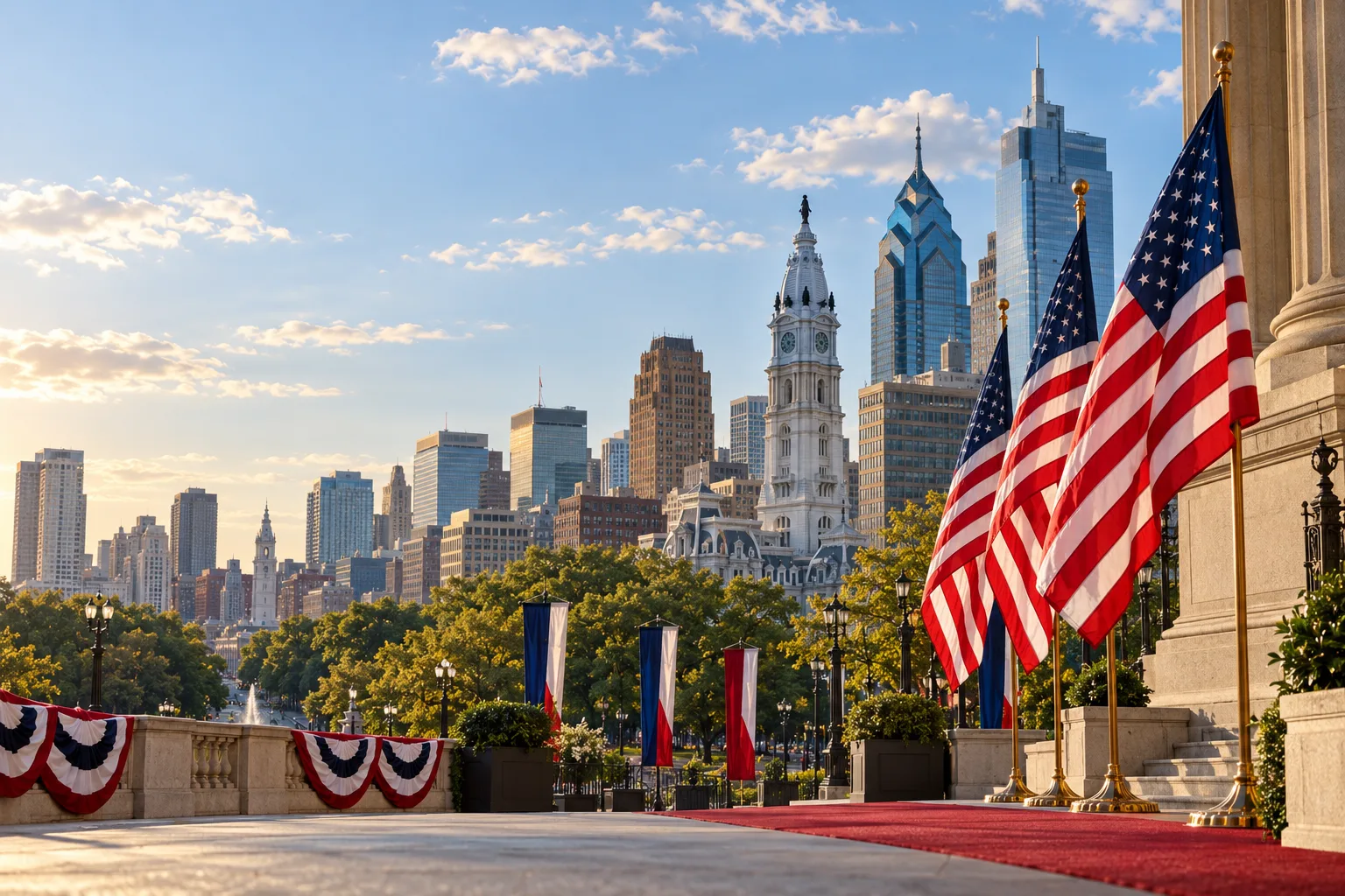 Concept visualization of a professional American flag rental display with the recognizable Philadelphia, PA cityscape