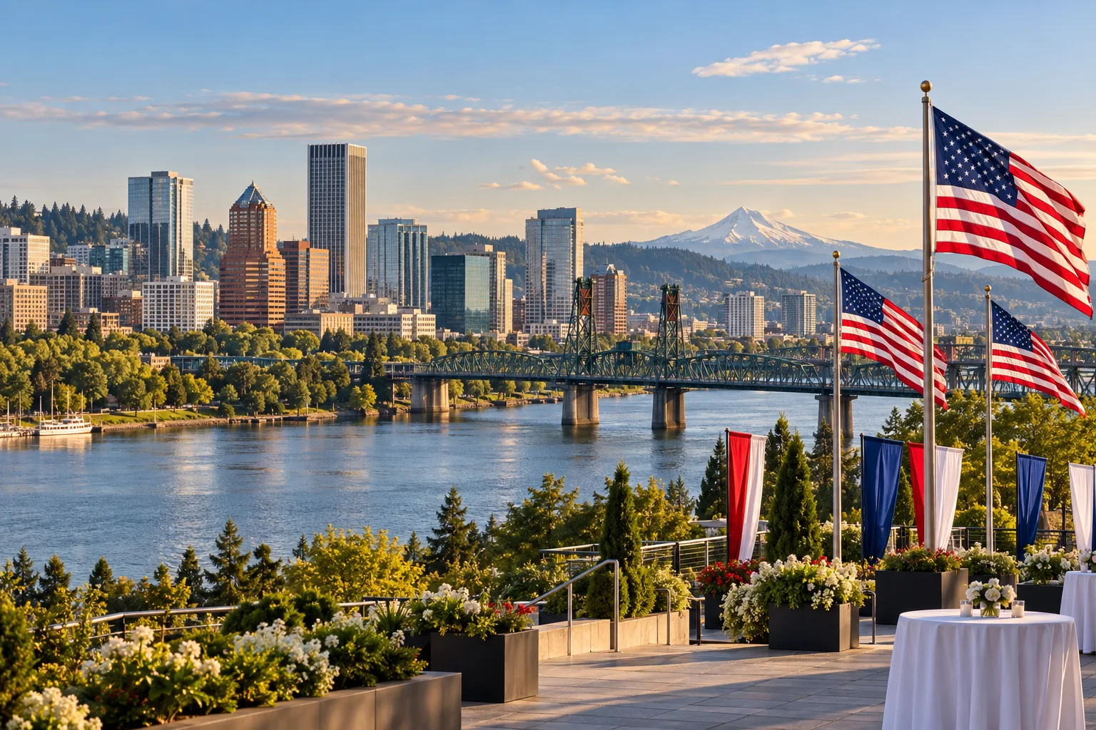 Concept visualization of a professional American flag rental display with the recognizable Portland, OR cityscape