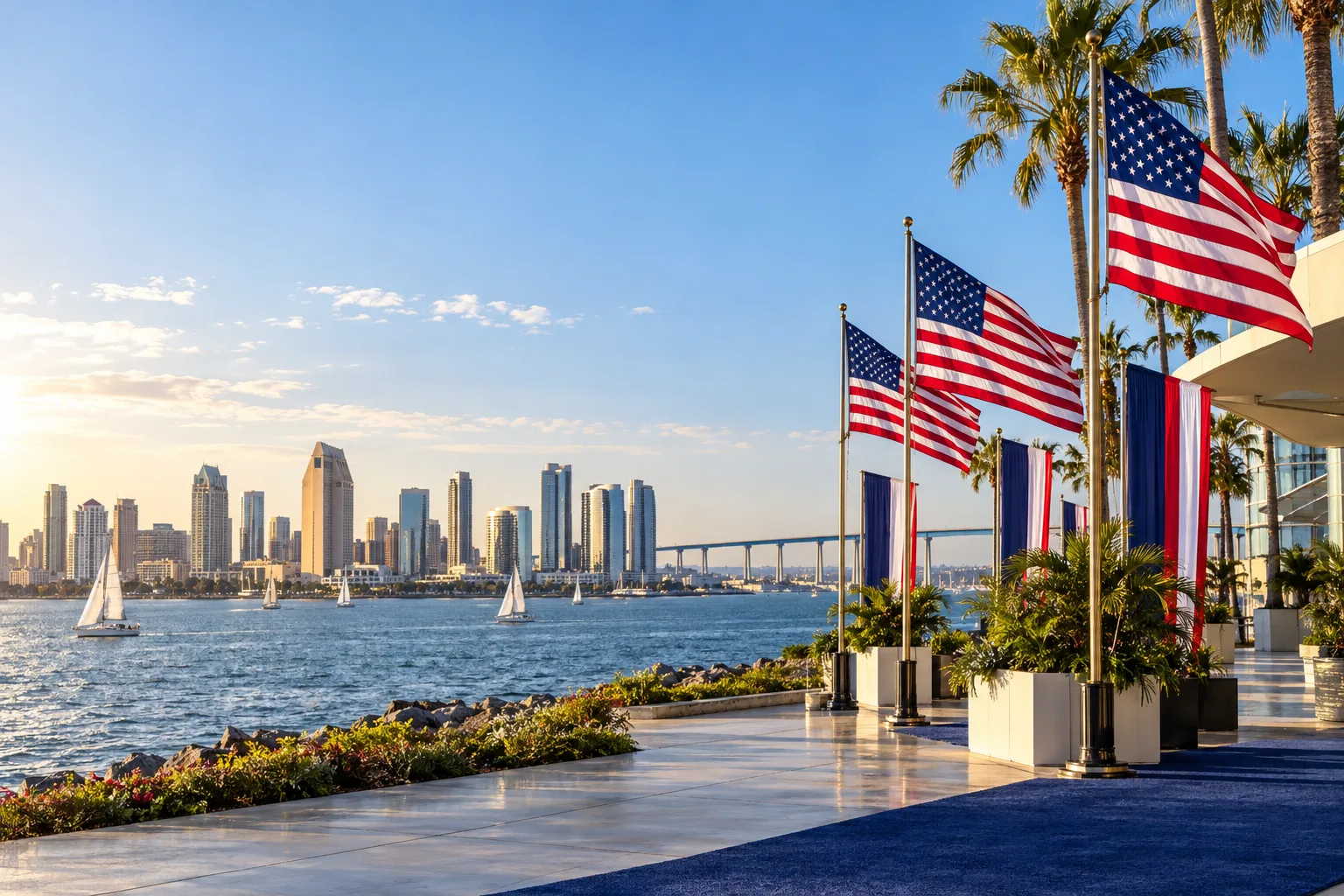 Concept visualization of a professional American flag rental display with the recognizable San Diego, CA cityscape