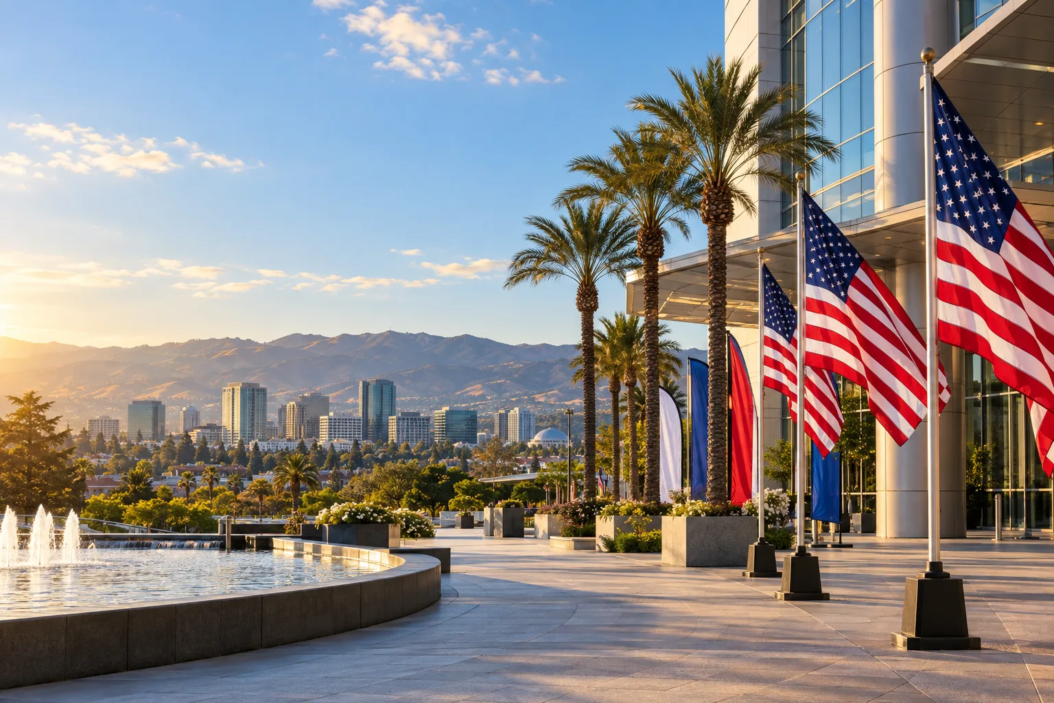 Concept visualization of a professional American flag rental display with the recognizable San Jose, CA cityscape