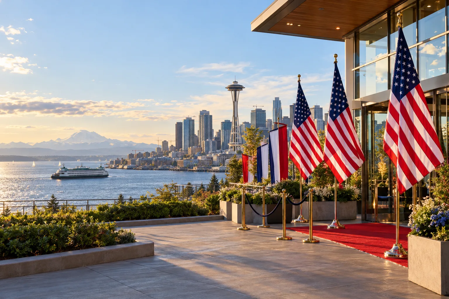 Concept visualization of a professional American flag rental display with the recognizable Seattle, WA cityscape